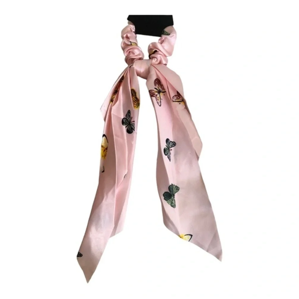 4 Butterfly print satin‎ look black, pink, blue ivory hair scrunchie scarves new